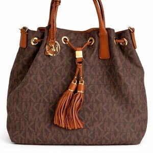 Michael Kors Jet Set Brown MK Monogram Drawstring Tassel Tote